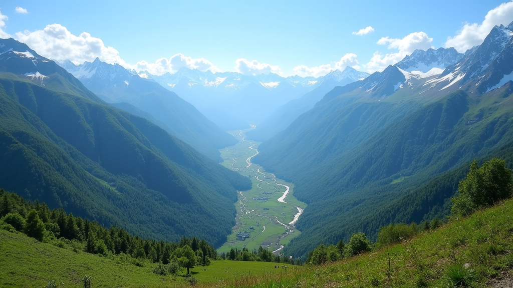 Mountain peak with expansive view, forest and river below, morning light