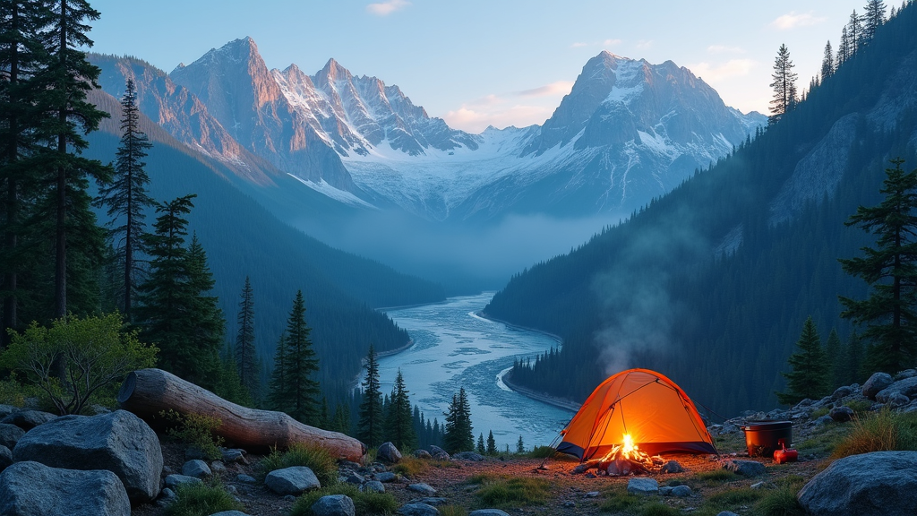 A rugged mountain landscape, misty forest, and winding river. A campfire glowing under the night sky while tents and gear sit nearby.