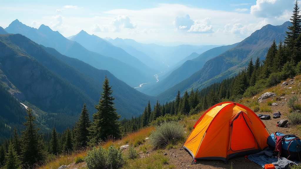 A scenic overlook of a mountain trail winding through a national park, with camping and hiking gear in the foreground.