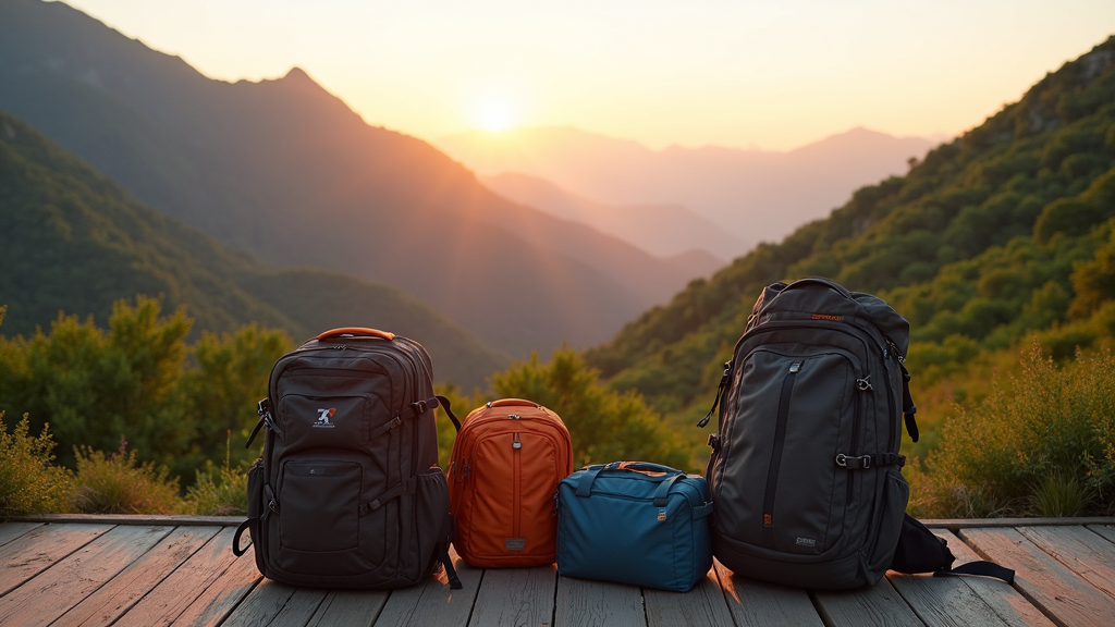 Mountain landscape at sunrise with backpacks and travel gear on a wooden deck